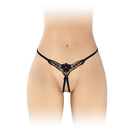 String ouvert brodé noir fleur