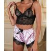 Pyjama short brassière femme satin rose et dentelle noire