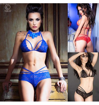 Ensemble lingerie dentelle bleu, rouge ou noir