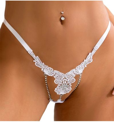 String blanc ouvert dentelle à strass