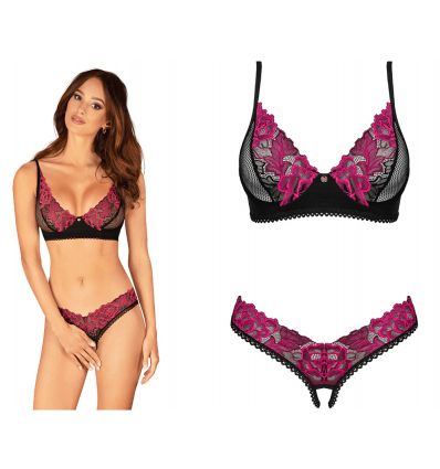 Ensemble lingerie sexy noir et rose fushia